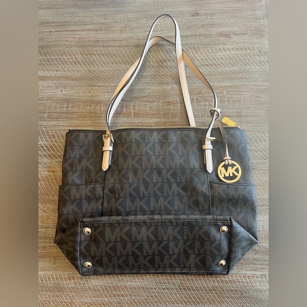 Michael Kors Brown and Tan Signature Jet Set Tote